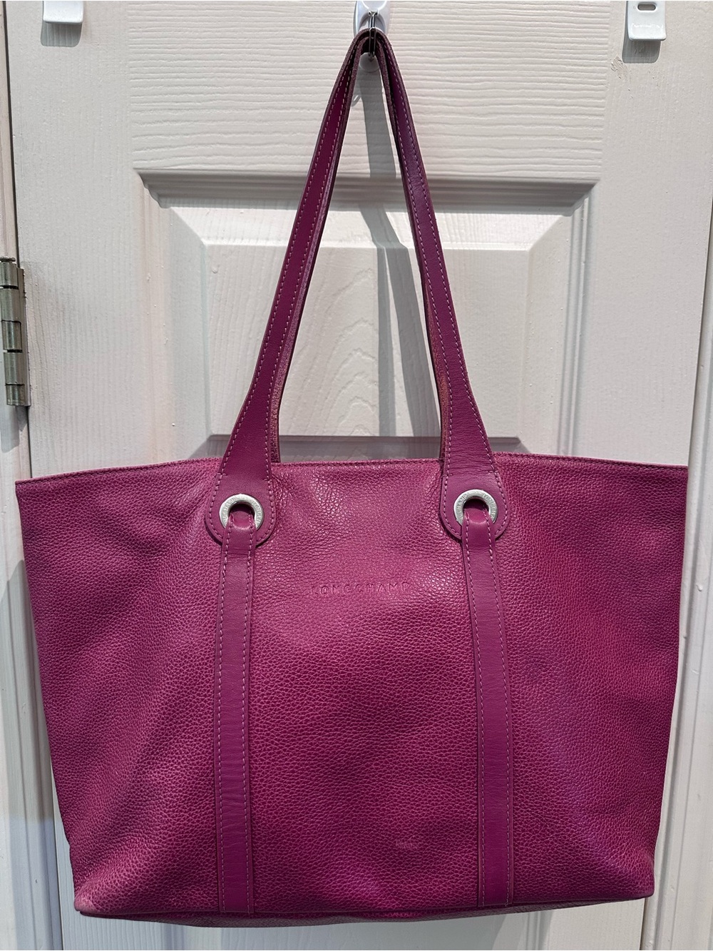 Longchamp Fuchsia Leather Tote with Silver Hardware